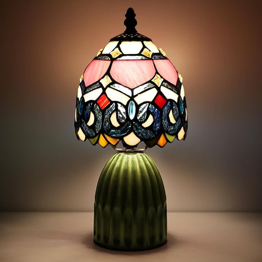 Tiffany Lamp Stained Glass Mushroom Table Lamps 6X6X12.5 Inch Pink Jewelry Baroque Style Small Night Light Ceramic Base Mini Accent Desk Light Suitable for Bedside Table Bedroom Children Room
