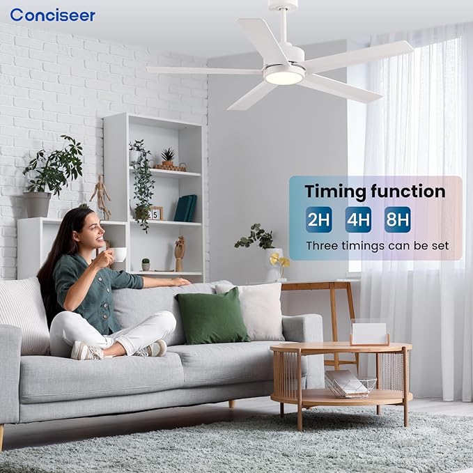 Modern Ceiling Fans with Lights,52 Inch Ceiling Fans with Remote for Bedroom Living Room Kitchen, 18W 3CCT Dimmable，5 Blades 6 Speed Reversible Quiet DC Motor White