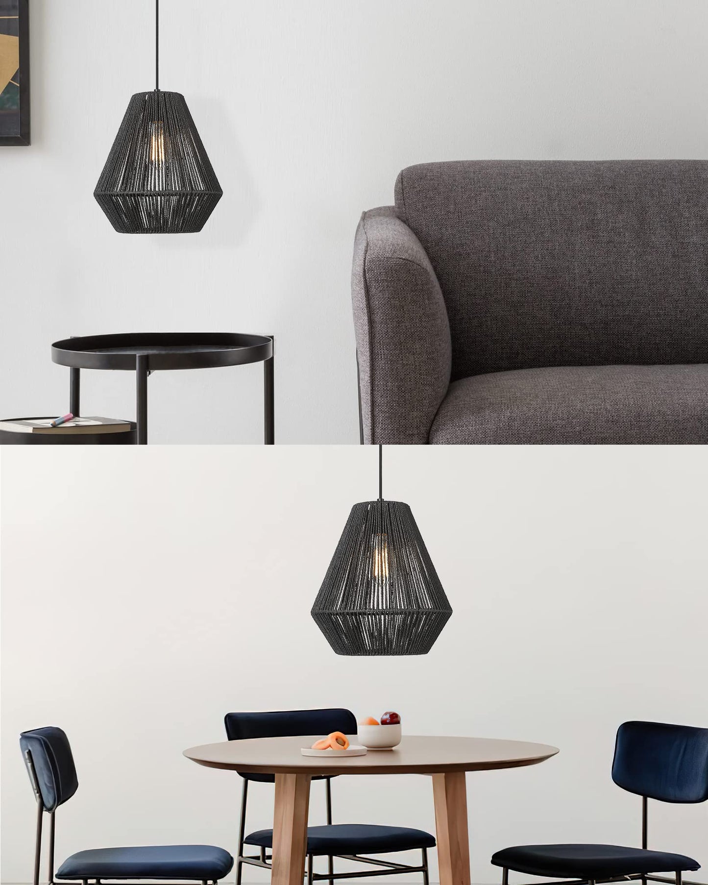 Modern Woven Pendant Light Fixtures 11.8" Farmhouse Coastal Hanging Lamp Matte Black Handwoven Rattan Basket Shade Boho Pendant Light for Kitchen Island Dining Room Bar Bedroom Foyer Hallway