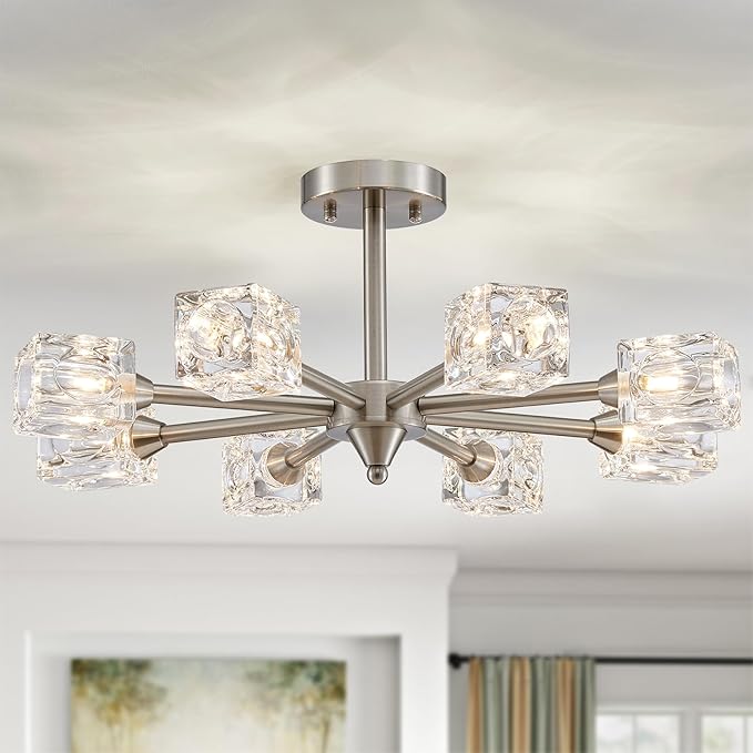 XINGQI 8-Light Semi Flush Mount Ceiling Light Fixture Modern Brushed Nickel Sputnik Chandeliers for Dining Room Living Room Kitchen Bedroom Entryway - Aura Lighting