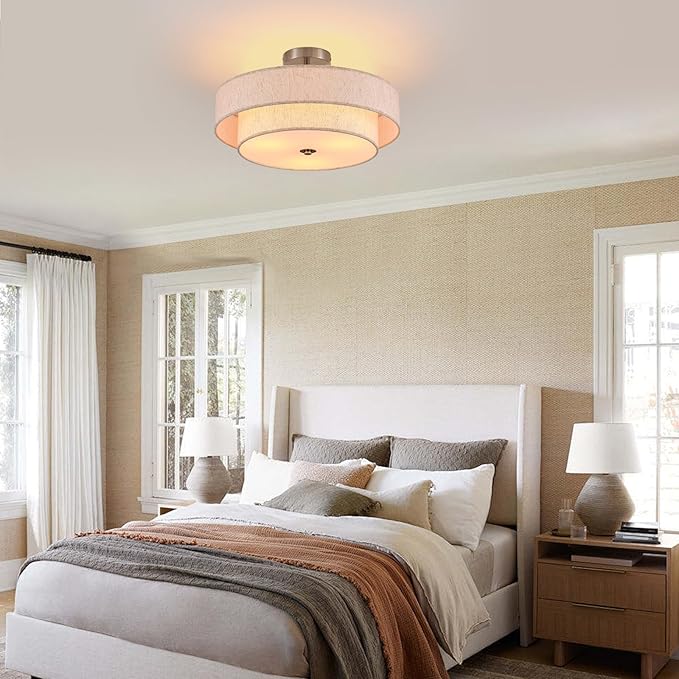 18" Semi Flush Mount Ceiling Light 3-Light Modern Linen Drum Ceiling Lighting with Chrome Finish, Vintage Ceiling Light for Living Room, Kitchen, Basement, Laundry Room, Bedroom - Aura Lighting