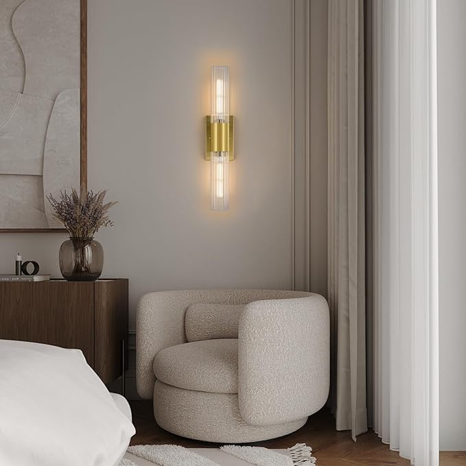 21" Gold Bathroom Sconces Set of 2 , Modern Wall Sconces Set of Two with Threaded Glass, Hardwired Up Down Wall Lighting Vanity Fixtures for Bedroom Bathroom Living Room Hallway (Bulb Not Included) - Aura Lighting