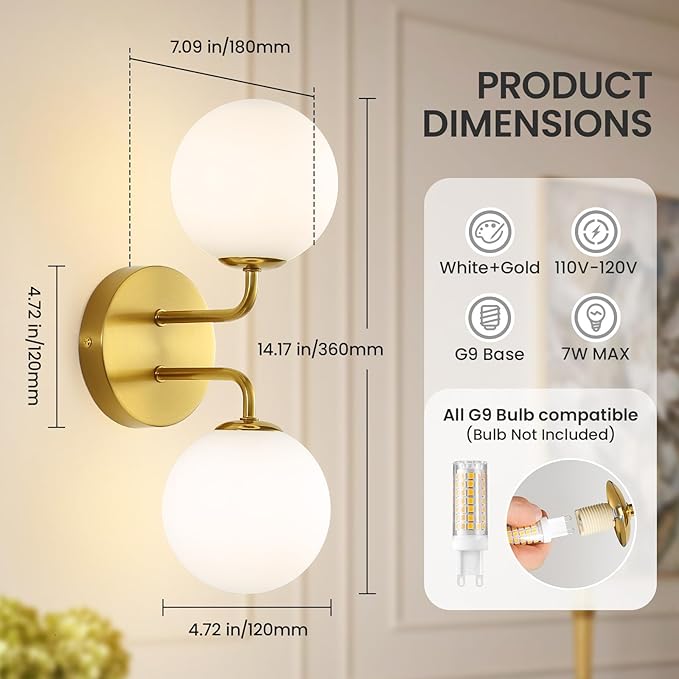 Yunnix Wall Sconce Set of Two Gold Wall Vanity Light Modern Globe Wall Sconces Light Mid Century Wall Sconce 2 Light for Bathroom Mirror Living Room Bedside Living Room Bedroom(Bulbs Not Included)