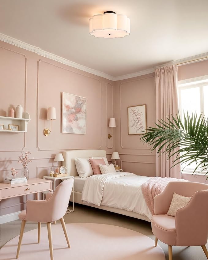 VONLUCE Semi-Flush Mount Ceiling Light, 15.7" Modern 3-Light Ceiling Light Fixture with White Petal-Shaped Shade 3 E26 Sockets for Bedroom Entryway Living Room, Black Finish, ETL Certificated - Aura Lighting