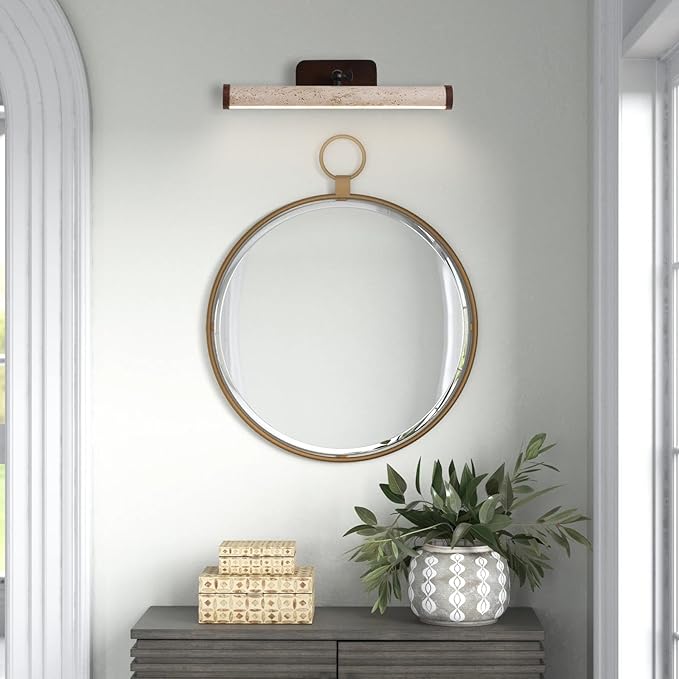 Yellow Travertine Bathroom Light Fixtures, Natural Stone LED Vanity Lamp for Over Mirror, 180° Adjustable, Japanese Style Wabi-sabi Marble Wall Light for Bedroom Artwork Poster