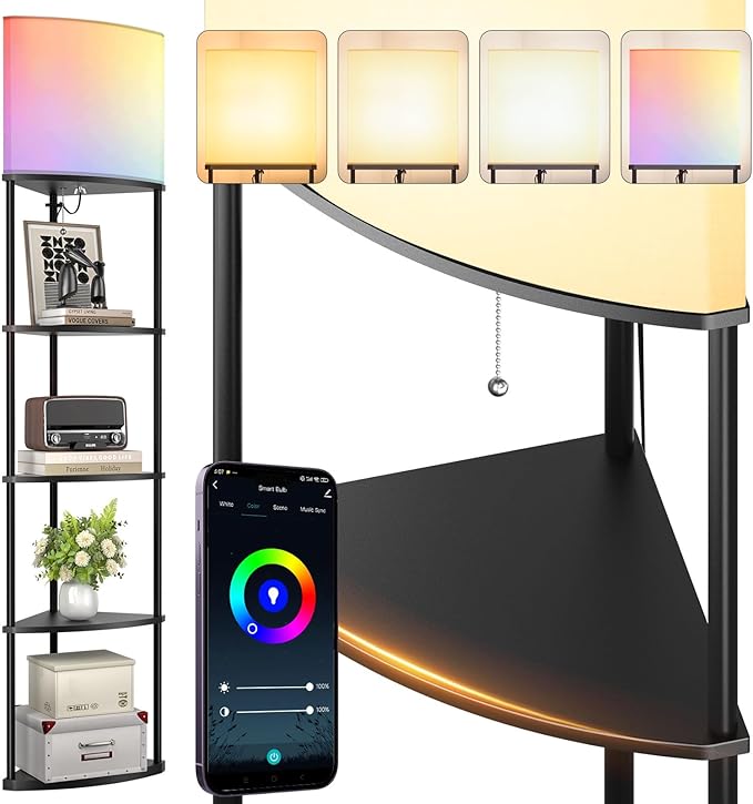 addlon 5-Tier Corner Shelf Floor Lamp with Type C, USB Port & 1 Power Outlet and 3CCT LED Bulb, Modern Display Lamp for Narrow Corner Bookshelf lamp for Living Room, Bedroom, Office - Black