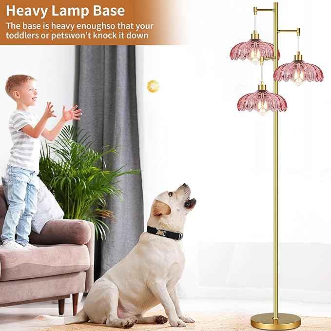Pink Floor Lamp for Living Room,Bedroom,Gold Flower Mid Century Modern Standing Lamp Brass Tree 3 Light Tall Floor Lamps Vintage Floor Lights Glass Lamp Shade Farmhouse Boho Bohemian