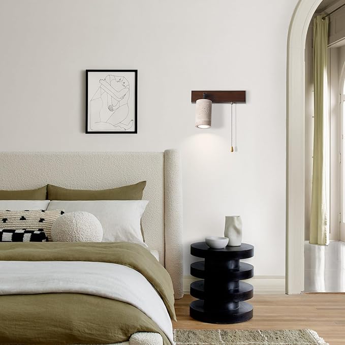 Modern Yellow Travertine Wall Lamp, Japanese Style Wabi Sabi Light Fixture with Stone Shade Pull Switch Wood Base, Adjustable Natural Marble Wall Sconce for Bedside Bedroom Study(Walnut)