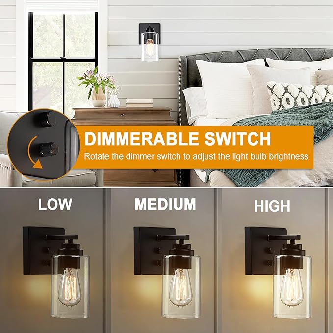 Pia Ricco Wall Sconces Set of Two, Bedside Wall Lamps with Rotary Switch for Bedroom, Modern Bathroom Light Fixtures with Clear Glass Shade, Black Sconces Wall Lights for Living Room, Hallway, Kitchen - Aura Lighting