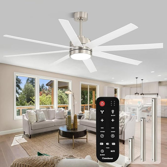 65 Inch Ceiling Fans with Lights and Remote for Bedroom Living Room Kitchen Office, Indoor/Outdoor Use, 3CCT Dimmable, 8 Blades 6 Speed Reversible Quiet DC Motor, Sand-nickel/White