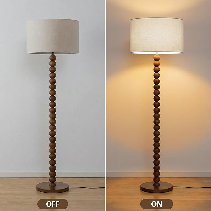 Buruis 61" Beaded Wood Floor Lamp with 17.2" Large Linen Shade, UL Listed, Retro Mid-Century Accent Walnut Finish Standing Lamp for Living Room, Bedroom, Office, Corner, Bulb Not Included, Cream