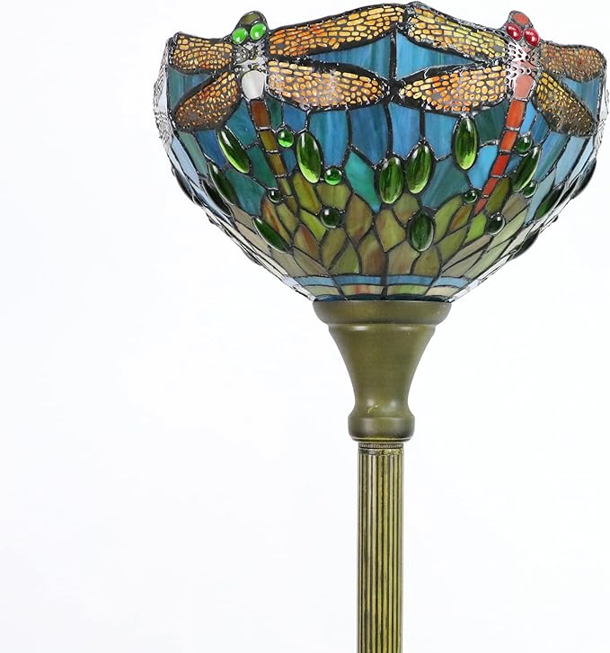 Tiffany Floor Lamps for Living Room, Tiffany Torchiere Floor Lamp Dragonfly, Blue-Green 12 Inch Stained Glass Lampshade, Small Tiffany Type Reading Floor Lamp