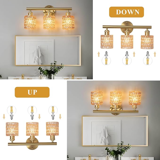 Bathroom Vanity Light, Gold Wall Fixture Over Mirror, Amber Glass Shade Lighting with Bulbs Included for Bedroom & Living Room,3-Lights