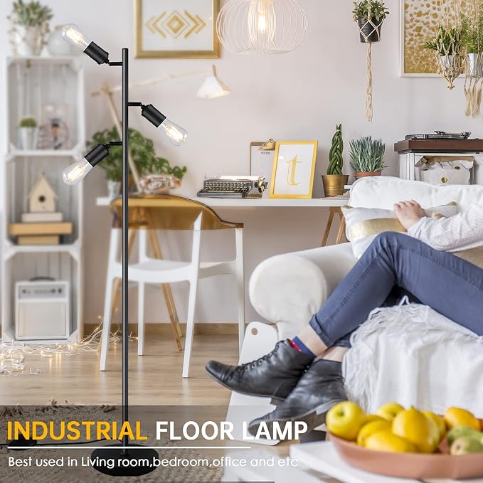 Industrial Standing Lamp with 3 Adjustable Rotating Lights - Tree Floor Lamp for Living Room, Bedroom, Home, Office (E26 Edison Bulb, Black)