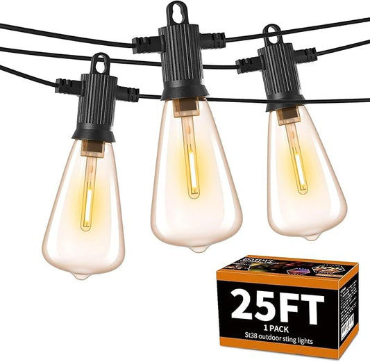 ZOTOYI Outdoor String Lights 25FT, Patio Lights with 13 LED Plastic ST38 Edison Bulbs(1 Spare), Waterproof IP65 Outside Hanging Light for Garden, Backyard, Cafe, Porch, Gazebo Dimmable