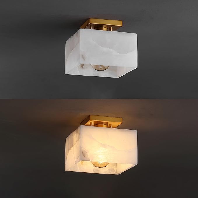 JONATHAN Y 5" White Marbling/Brass Gold Modern 1-Light Semi Flush Mount Ceiling Light for Bedroom, Cube White Alabaster Marble Shade, Mid-Century Minimalist Fixture, LED Bulb Included (JYL1203A)
