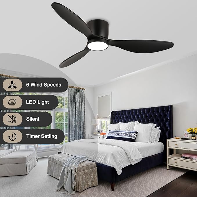 reiga 52 Inch Wood Black Modern Flush Mount Indoor Ceiling Fan with Light and Remote, 3 Propeller Blade, Quiet DC Motor for Bedroom Living Room - Aura Lighting