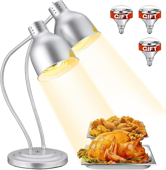Food Heat Lamp - [3 Bulbs Included] [Rapid-Heating], 500W Commercial Food Warmer Light, Heat Lamp for Food, Catering Warming Lamp for Buffet Parties, Silver,N2