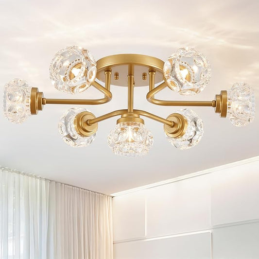 XINGQI Gold Sputnik Semi Flush Mount Ceiling Light Fixture, 7-Light Mid Century Dining Room Chandelier Farmhouse Chandelier Round Glass Chandeliers for Bedroom Kitchen Hallway Foyer - Aura Lighting