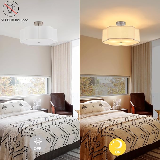 18" Modern Semi Flush Mount Ceiling Light Modern 3-Lights Linen Drum Ceiling Lighting with Chrome Finish, Vintage Ceiling Light for Living Room, Kitchen, Basement, Laundry Room, Bedroom - Aura Lighting