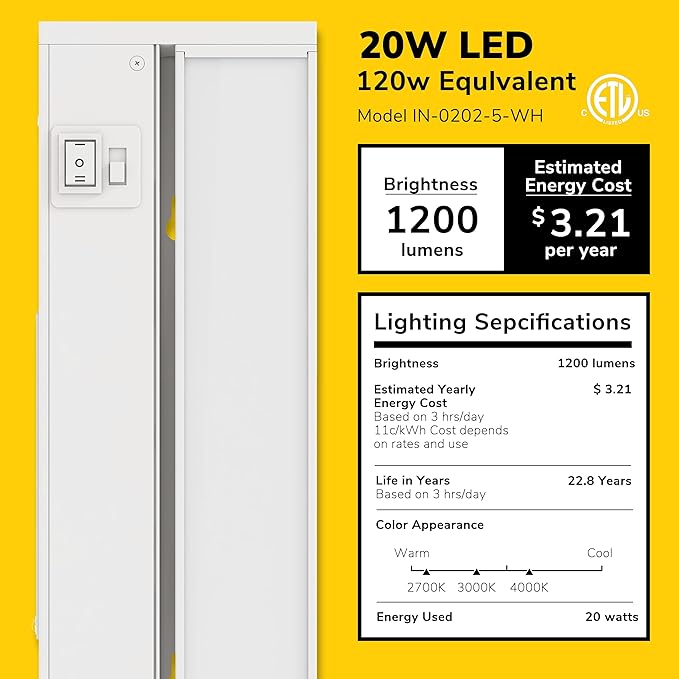 GETINLIGHT 40-inch Swivel LED Under Cabinet Lights, Glass Lens, Selectable White 2700K/4000K/5000K, Dimmable with Wall Dimmers, White Finish, IN-0202-5-WH