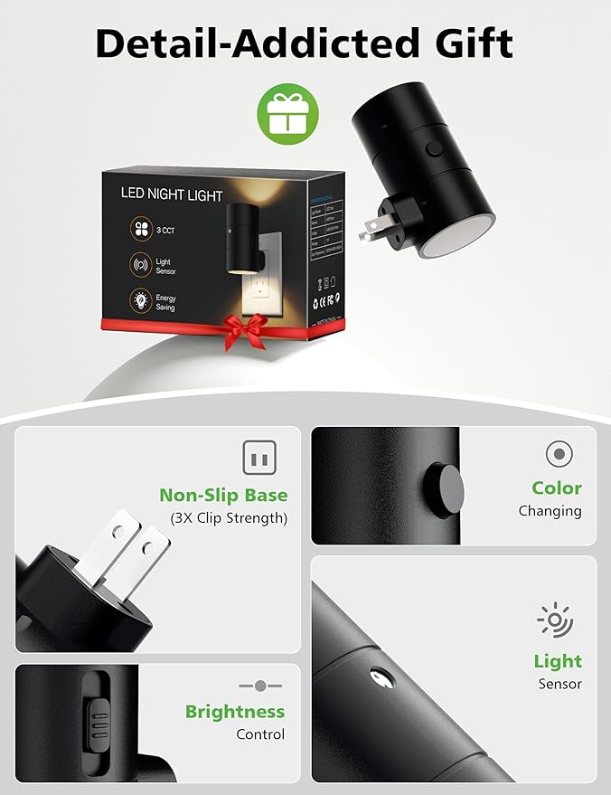 Night Lights Plug Into Wall,3 Color Temperatures LED Night Light Plug in,Dusk to Dawn Sensor,0-100LM Adjustable Brightness,Dimmable Night Lights for Hallway Bathroom Stair Bedroom,8 Pack