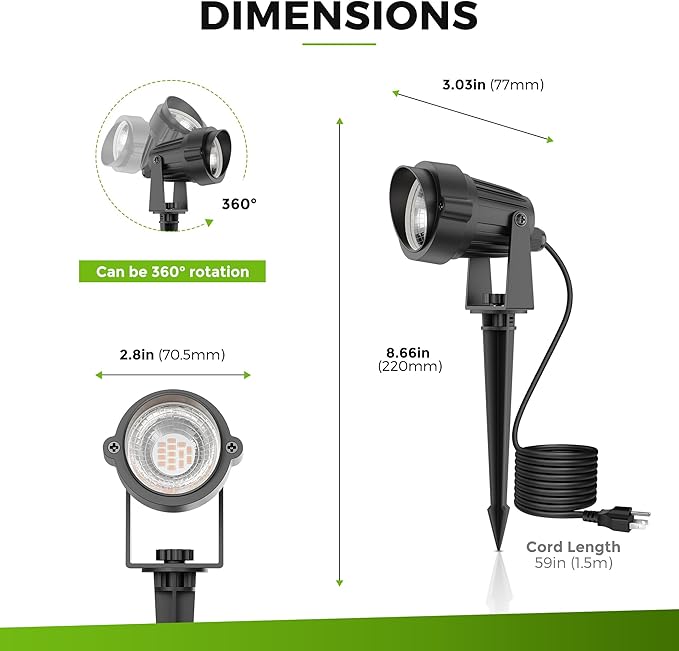 L LOHAS LED Landscape Spot Lights Outdoor, Dusk to Dawn Sensor 5W LED Spotlights for Yard, 120V 450LM Pathway Garden Outside Lights, 9.84-ft Cord, IP66 Waterproof 3000K Warm White, UL Listed 1 Pack - Aura Lighting