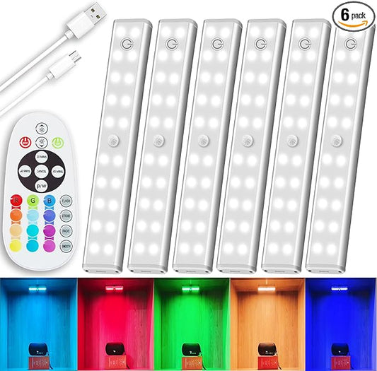 LED Under Cabinet Lighting Wireless, Dimmable LED Closet Light Rechargeable, Remote Control Kitchen Counter Lighting 15 Color Changing RGB Bar Perfect for Bedroom Indoor Pantry Shelf, 6 Pack