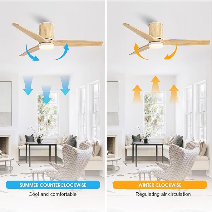 52" Ceiling Fan with Light - Low Profile Flush Mount Ceiling Fan, 6-Speed Remote Control, Solid Wood, Quiet Reversible DC Motor, Wood/White Finish, for Bedroom, Living Room, Porch - Aura Lighting