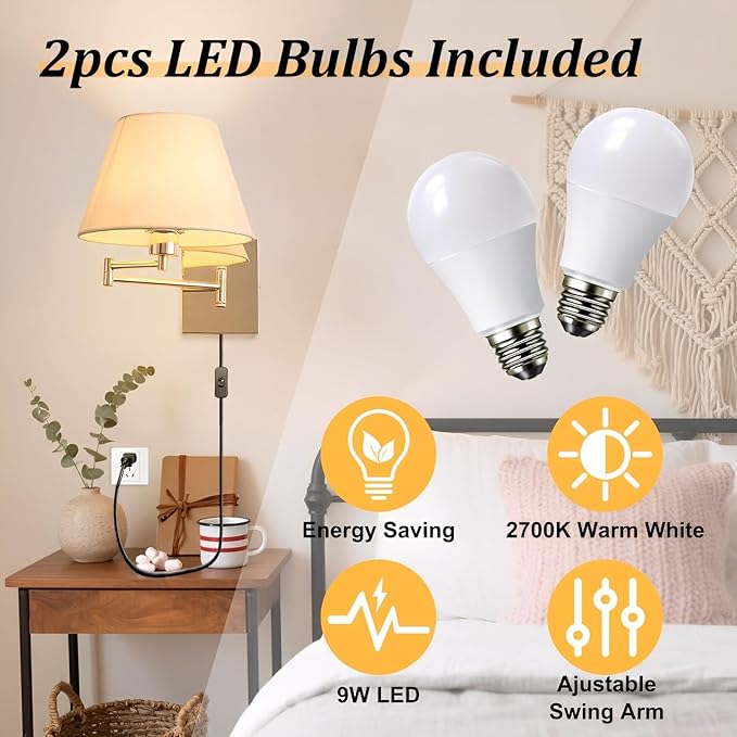 Rose Gold Wall Sconce Plug in, Swing Arm Wall Lamp Set of Two Mid-Century Modern Wall Light Fixtures with Beige Fabric Shade for Living Room Doorway Study Room Bedroom Reading Lamps with Switch