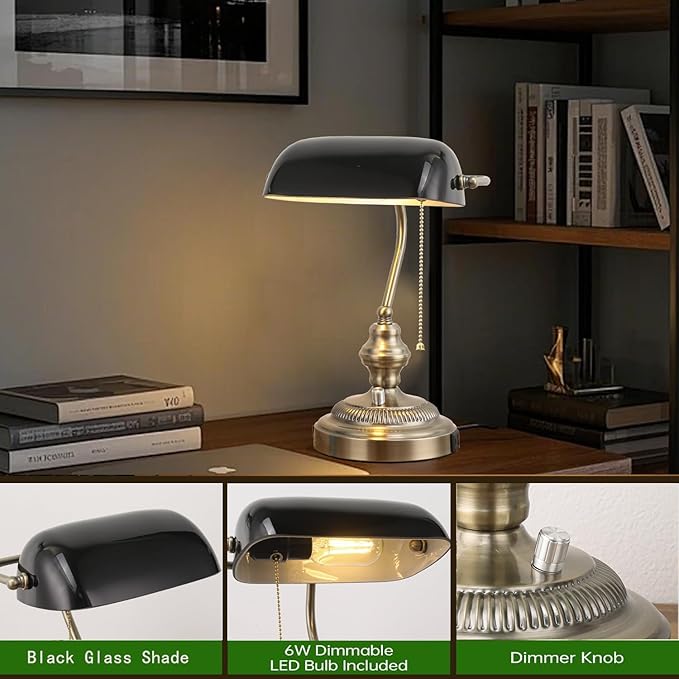 Rustic Banker's Desk Lamp Stepless Dimmable, Traditional Bankers Desk Lamp with USB Port and Outlet, Vintage Farmhouse Table Lamp for Home Office Library
