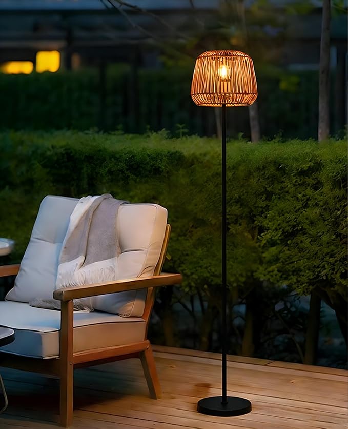 Outdoor Solar Floor Lamp, 65.4" Wireless Rattan Floor Lamp with Woven Lampshade & Black Metal Pole Base, Battery Operated Vintage Outdoor Waterproof Standing Lamps for Patio Garden Balcony Deck