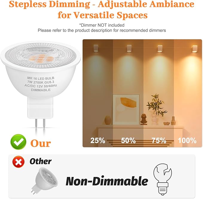 Yochoice 12-Pack MR16 LED Dimmable Light Bulb 70 Watt Halogen Equivalent, 2700K Warm White 7W GU5.3 12V Low Voltage Spotlight Bulb, Track Light Bulb for Outdoor Flood Landscape Lighting