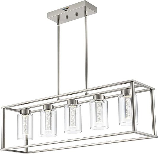 VINLUZ LED Linear Chandeliers Farmhouse Rectangle Pendant 5 Light with Clear Glass and Crystal Bulb,Black Modern Dining Room Lighting Industrial Kitchen Island Foyer Light Fixture Hanging