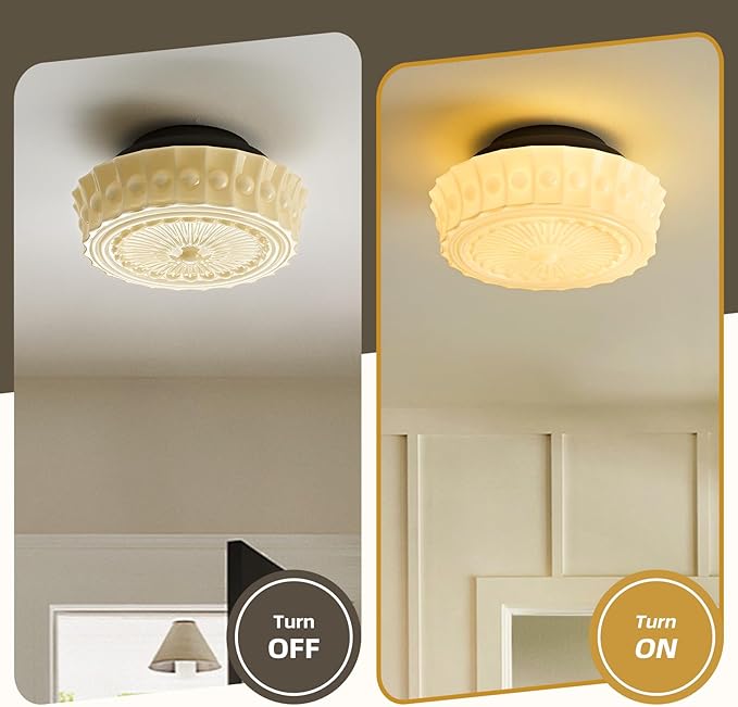 Schoolhouse Vintage Glass Ceiling Light - Small 12 Inch Cream Yellow Mid Century Modern Flush Mount Lighting Fixtures - Art Deco Lamp for Bedroom Kitchen Entryway Laundry Hallway Foyer Bathroom Hall - Aura Lighting