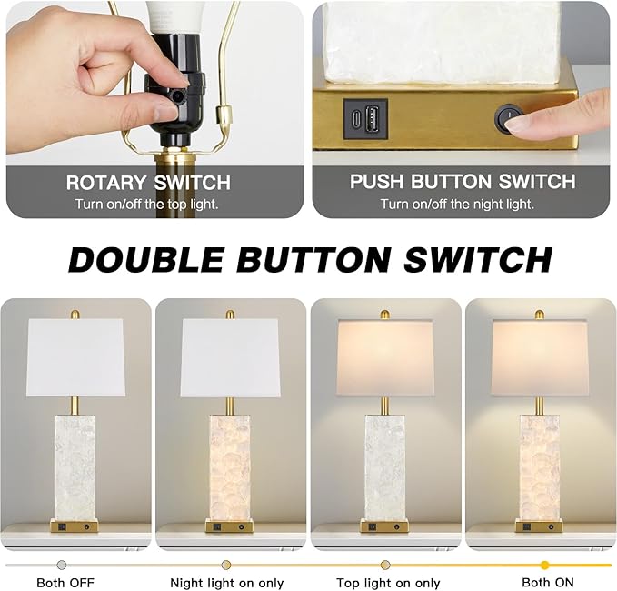 28" Coastal Table Lamps for Living Room, Bedside Lamps with Night Light, USB A+C Ports, Modern Sea Shell Bedside Night Stands Light for Beachy Cottage Decor (Gold 1Pack