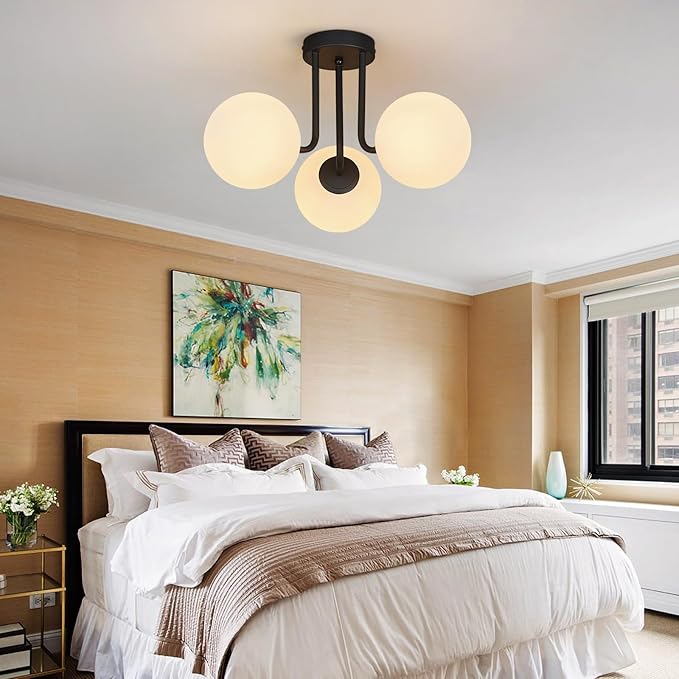 3-Light Modern Black Ceiling Light with Globe White Glass Shade Farmhouse Semi Flush Mount Ceiling Light Sputnik Chandeliers for Bedroom Living Room Dinning Room Foyer Hallway - Aura Lighting