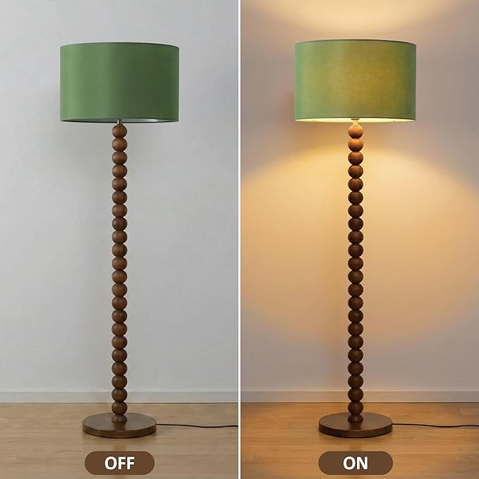 Buruis 61" Beaded Wood Floor Lamp with 17.2" Large Linen Shade, UL Listed, Retro Mid-Century Accent Walnut Finish Standing Lamp for Living Room, Bedroom, Office, Corner, Bulb Not Included, Green