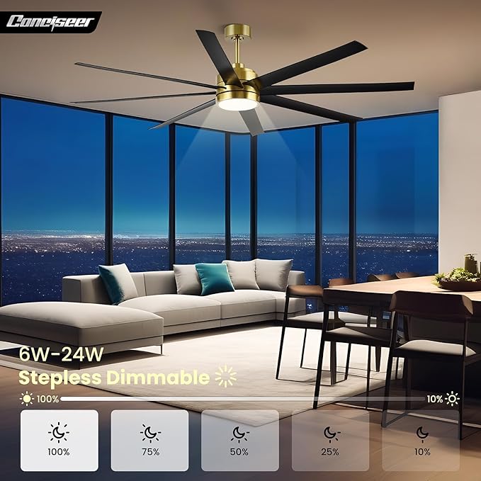 72 Inch Ceiling Fans with Lights and Remote for Living Room Kitchen Library Cafe Outdoor/Industrial Use, 3CCT Dimmable, Dual Color 8 Blades 6 Speed Reversible Quiet DC Motor, Gold/Black