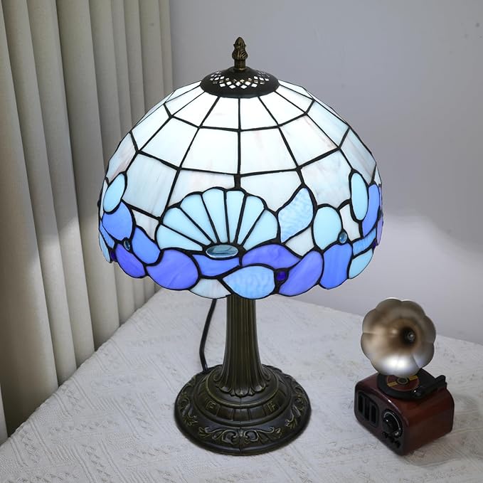 Blue Sea Style Stained Glass Table Lamps Shell Tiffany Lamp Bedroom Bedside Living Room Aesthetic Vintage Accent Farmhouse Night Light for End Table Office Nightstand End Table Desk Reding 12X19 Inch