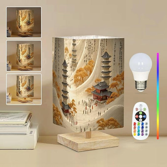 Square Table Lamp for Bedroom Traditional Chinese Pagodas Scroll Inspired Landscape Figures Beside Lamps Desk lamp with Wood Base Nightstand Lamps for Nursery Living Room Home Decor