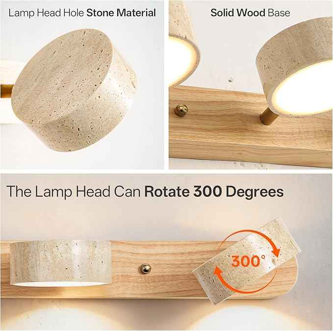Travertine Vanity Light, 300° Swivel Japandi Ash Wood LED Wall Sconce, Natural Stone Mirror Lighting Fixtures, 27.6" 4-Light Modern Rustic Wall Lamp for Bathroom & Bedroom (110V)