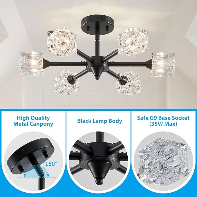 XINGQI Black Chandelier 6-Light 20" Semi Flush Mount Ceiling Light Fixture Modern Round Sputnik Chandelier for Bedroom Entryway Dining Room Living Room - Aura Lighting