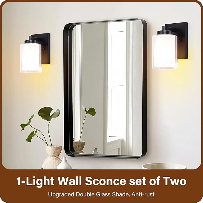 Pia Ricco Wall Sconces Set of Two, Hardwired Bathroom Wall Sconce with Double Glass Shade, Modern Bedside Wall Lamps, Farmhouse Vanity Light Black Wall Lights for Living Room, Bedroom, Hallway - Aura Lighting