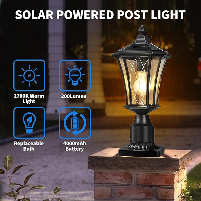 YSN 16" Solar Post Lights Outdoor, Dusk to Dawn Outdoor Post Lights with Pier Mount Base, Black Solar Lamp Posts Light Fixture, Waterproof Light Posts for Outside Yard Garden Patio, 1 Pack
