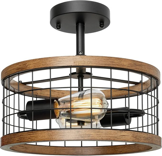 2-Light Farmhouse Semi Flush Mount Ceiling Light Fixture, Rustic Drum Wood Ceiling Lamp for Hallway Kitchen Entryway Foyer Bedroom Laundry Room, Nature Wood Texture and Black Metal Fence Finish - Aura Lighting