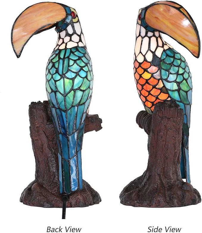 Bieye L10813 Toucan on Tree Trunk Tiffany Style Stained Glass Accent Table Lamp Night Light. 16.25 inches Tall