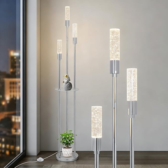 Bubble Crystal Floor Lamp with Shelves, 3 Lights Modern Standing Lamps for Living Room, Built-in LED Lights, Foot Switch, Industrial Tall Corner Floor Lamp for Bedroom Home Office, Silver
