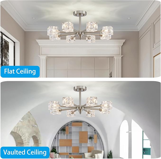 XINGQI 8-Light Semi Flush Mount Ceiling Light Fixture Modern Brushed Nickel Sputnik Chandeliers for Dining Room Living Room Kitchen Bedroom Entryway - Aura Lighting