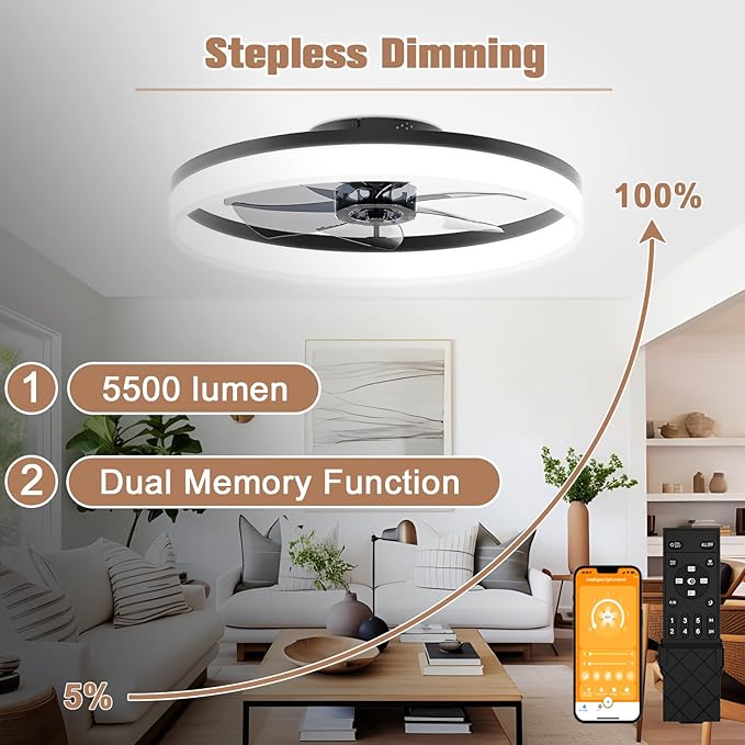 VOLISUN Low Profile Ceiling Fans with Lights and Remote, 23.6in Flush Mount Ceiling Fans with Light, 3000K-6500K Dimmable Fandelier LED Fan Light, Bladeless Ceiling Fan with Lights for Bedroom(Black) - Aura Lighting